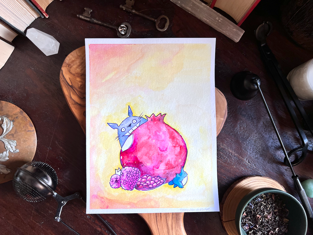 Totoro Pomegranate (Original Watercolor Painting) – Riddle's Tea Shoppe